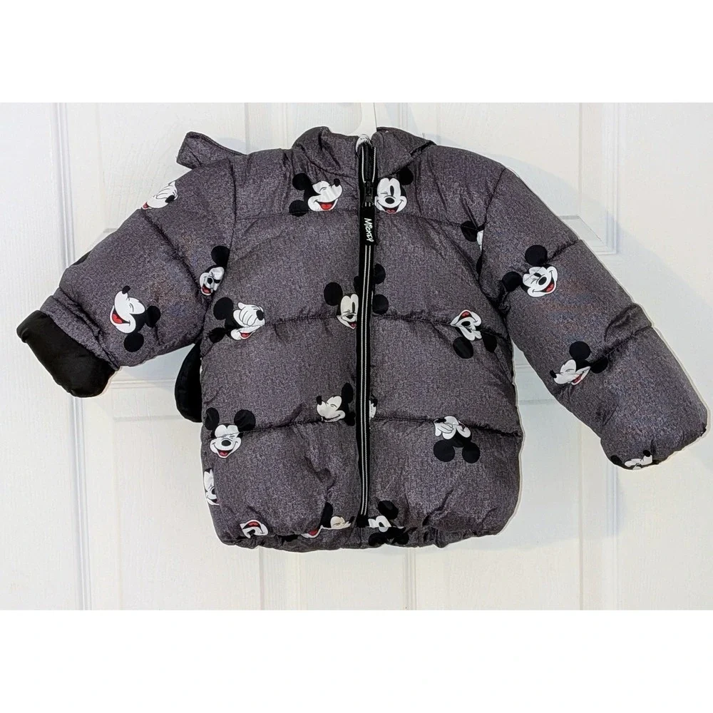 H&M Disney Mickey Mouse Puffer Jacket‎ Grey Hooded 3D Ears Toddler 18M Coat NWOT